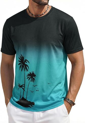 Runcati Mens Short Sleeve T-Shirts Casual Graphic Gradient Printed Tee Crewneck Summer Beach Hawaiian Vintage Shirts in Kuwait