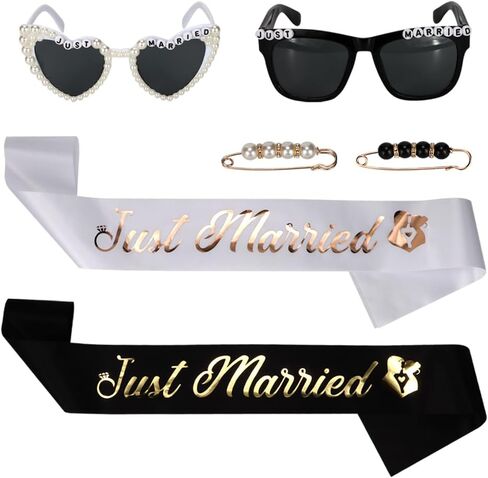 Just Married Decorations Sunglasses&Sash for Just Married Bride and Groom Wedding Party Decorations Honeymoon Accessories in Kuwait