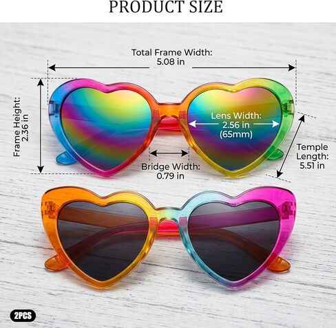 2 Pcs Rainbow Sunglasses, Heart Sunglasses for Pride Festivals and Celebrations, Fun Rainbow Accessories for Parades and Parties, Plastic Frame Design in Saudi Arabia
