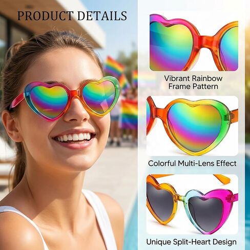 2 Pcs Rainbow Sunglasses, Heart Sunglasses for Pride Festivals and Celebrations, Fun Rainbow Accessories for Parades and Parties, Plastic Frame Design in Saudi Arabia