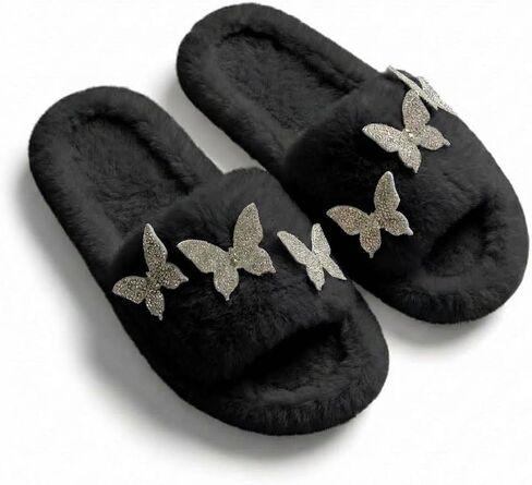 Women's Butterfly Rhinestone Faux Fur Slippers Sparkly Open Toe Plush Indoor House Shoes Cozy Soft Fuzzy Slides Sandals in Saudi Arabia