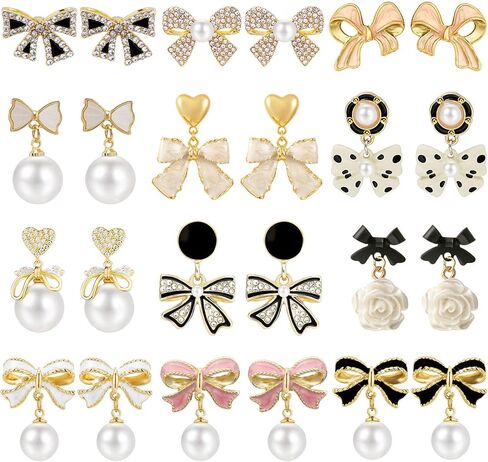 NEWITIN 12 Pairs Bow Earrings for Women Bowknot Stud Earring Set | Hypoallergenic, Bow Pearl Drop Dangle Earrings, Jewelry Accessory Gifts, Gold Earrings, Prom Wedding Party Daily for Women in Kuwait
