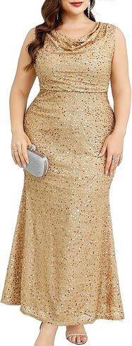 Plus Size Formal Dress Sequin Evening Gown Cowl Neck Sleeveless Prom Ball Gown Gala Party Holiday Banguet in Kuwait