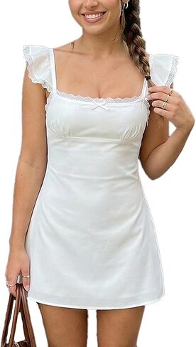 Awoscut Womens White Graduation Mini Dress Square Neck Open Back Pleated Bow Short Dresses Cute Short Party Dresses in Saudi Arabia