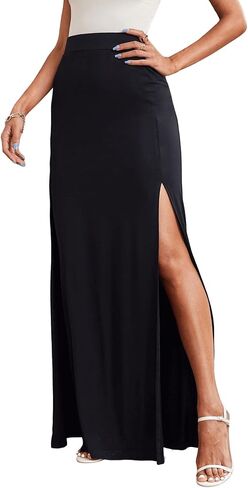 Verdusa Women's Double Split Thigh Solid High Waist Boho Maxi Long Skirt Black S in Kuwait