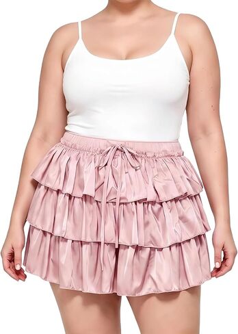 Moon Wood Plus Size Ruffle Mini Skirts for Women High Waisted Tiered Flowy Skirt for Vacation Concert with Shorts in Kuwait