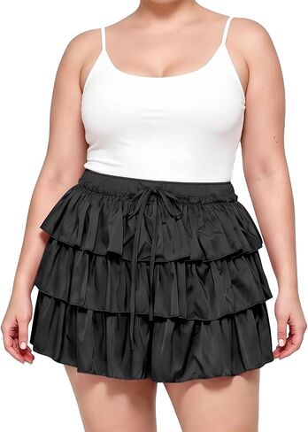 Moon Wood Plus Size Ruffle Mini Skirts for Women High Waisted Tiered Flowy Skirt for Vacation Concert with Shorts in Kuwait