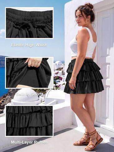 Moon Wood Plus Size Ruffle Mini Skirts for Women High Waisted Tiered Flowy Skirt for Vacation Concert with Shorts in Kuwait