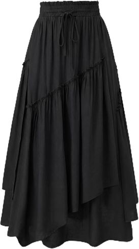 Cutecrop Women Renaissance Skirt Asymmetric Tiered Ruffle Maxi Skirt High Waist Flowy Boho Dress Medieval Pirate Costume in Kuwait