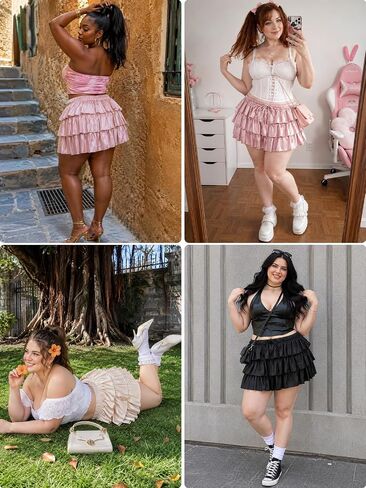 Moon Wood Plus Size Ruffle Mini Skirts for Women High Waisted Tiered Flowy Skirt for Vacation Concert with Shorts in Kuwait
