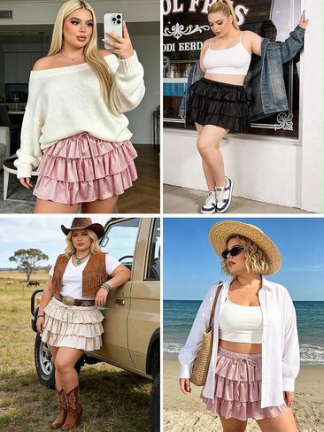 Moon Wood Plus Size Ruffle Mini Skirts for Women High Waisted Tiered Flowy Skirt for Vacation Concert with Shorts in Kuwait