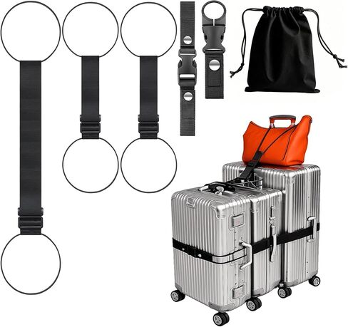 5 PCS Luggage Straps for Suitcases, Connector Straps for 2 Short & 1 Long Adjustable with Elastic Rope for Connecting Suitcases and Bags with Strap Buckle, Bottle Clip, and Storage Bag, Black in Saudi Arabia
