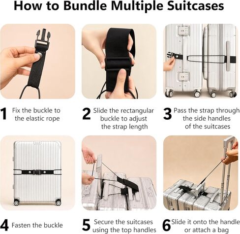 5 PCS Luggage Straps for Suitcases, Connector Straps for 2 Short & 1 Long Adjustable with Elastic Rope for Connecting Suitcases and Bags with Strap Buckle, Bottle Clip, and Storage Bag, Black in Saudi Arabia