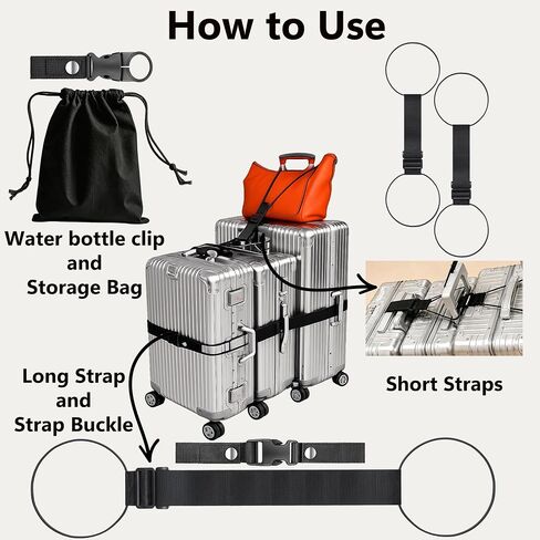 5 PCS Luggage Straps for Suitcases, Connector Straps for 2 Short & 1 Long Adjustable with Elastic Rope for Connecting Suitcases and Bags with Strap Buckle, Bottle Clip, and Storage Bag, Black in Saudi Arabia