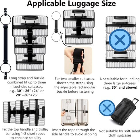 5 PCS Luggage Straps for Suitcases, Connector Straps for 2 Short & 1 Long Adjustable with Elastic Rope for Connecting Suitcases and Bags with Strap Buckle, Bottle Clip, and Storage Bag, Black in Saudi Arabia