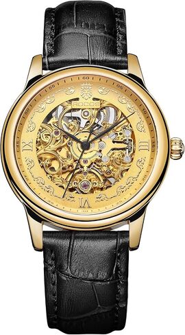 ROCOSJEWE R0106 Automatic Watch for Men – Luxury Gold Skeleton Dial,Self-Winding Mechanical Watch,Fashion Men's Watch,Black/Brown Leather Strap Watches,Waterproof Gift for Men in Kuwait