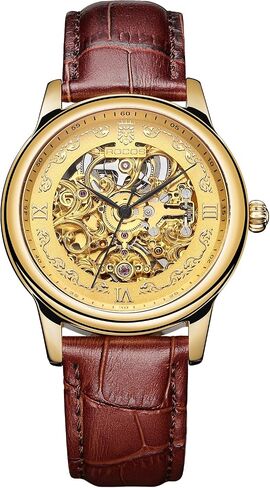 ROCOSJEWE R0106 Automatic Watch for Men – Luxury Gold Skeleton Dial,Self-Winding Mechanical Watch,Fashion Men's Watch,Black/Brown Leather Strap Watches,Waterproof Gift for Men in Saudi Arabia