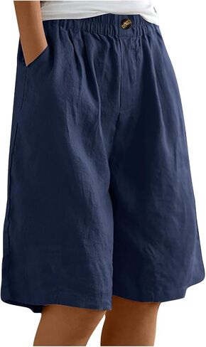 DMOYALA Cotton Linen Shorts for Women 2026 Summer Casual Knee Length Bermuda Shorts Elastic Waist Wide Leg Beach Pants in Kuwait