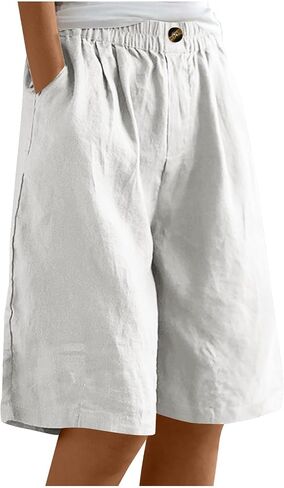 DMOYALA Cotton Linen Shorts for Women 2026 Summer Casual Knee Length Bermuda Shorts Elastic Waist Wide Leg Beach Pants in Kuwait