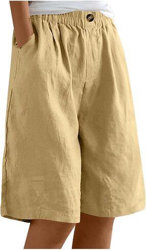 DMOYALA Cotton Linen Shorts for Women 2026 Summer Casual Knee Length Bermuda Shorts Elastic Waist Wide Leg Beach Pants in Kuwait