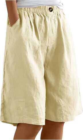 DMOYALA Cotton Linen Shorts for Women 2026 Summer Casual Knee Length Bermuda Shorts Elastic Waist Wide Leg Beach Pants in Kuwait