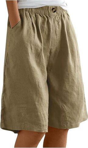 DMOYALA Cotton Linen Shorts for Women 2026 Summer Casual Knee Length Bermuda Shorts Elastic Waist Wide Leg Beach Pants in Kuwait