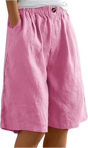 DMOYALA Cotton Linen Shorts for Women 2026 Summer Casual Knee Length Bermuda Shorts Elastic Waist Wide Leg Beach Pants in Kuwait