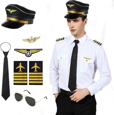 Adult Pilot Captain Costume Men Shirt Pilot Hat Tie Sunglasses Badge Shoulder Straps in Saudi Arabia