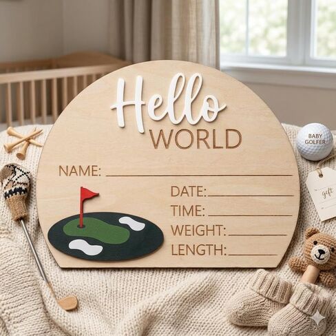 Golf Theme Wooden Birth Announcement Sign for Newborn - Hello World Golfing Plaque for Baby Boy or Girl - Hospital Name Date Weight Stat Board - Nursery Wall Decor Sports Photo Prop Gift in Saudi Arabia