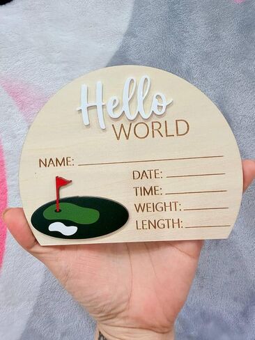 Golf Theme Wooden Birth Announcement Sign for Newborn - Hello World Golfing Plaque for Baby Boy or Girl - Hospital Name Date Weight Stat Board - Nursery Wall Decor Sports Photo Prop Gift in Saudi Arabia