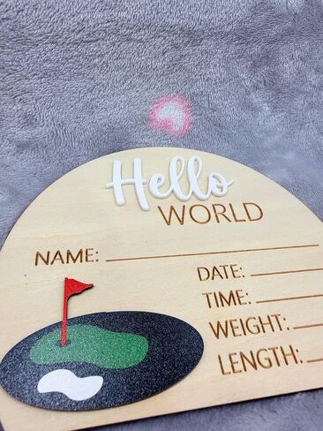 Golf Theme Wooden Birth Announcement Sign for Newborn - Hello World Golfing Plaque for Baby Boy or Girl - Hospital Name Date Weight Stat Board - Nursery Wall Decor Sports Photo Prop Gift in Saudi Arabia