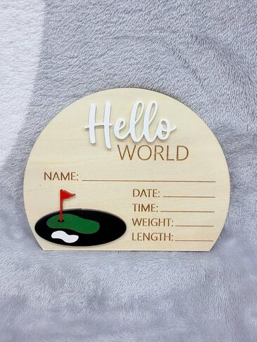 Golf Theme Wooden Birth Announcement Sign for Newborn - Hello World Golfing Plaque for Baby Boy or Girl - Hospital Name Date Weight Stat Board - Nursery Wall Decor Sports Photo Prop Gift in Saudi Arabia