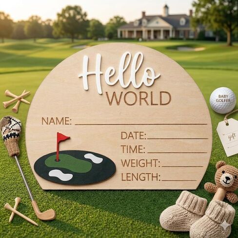 Golf Theme Wooden Birth Announcement Sign for Newborn - Hello World Golfing Plaque for Baby Boy or Girl - Hospital Name Date Weight Stat Board - Nursery Wall Decor Sports Photo Prop Gift in Saudi Arabia