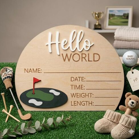 Golf Theme Wooden Birth Announcement Sign for Newborn - Hello World Golfing Plaque for Baby Boy or Girl - Hospital Name Date Weight Stat Board - Nursery Wall Decor Sports Photo Prop Gift in Saudi Arabia