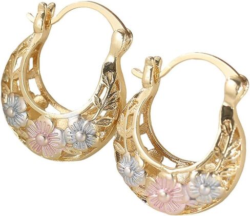 Vintage Flower Carved Golden Color Leaf Hoop Earrings, for Women Party Wedding Minimalist Trendy Everyday Ear Jewelry Statement Gift in Saudi Arabia