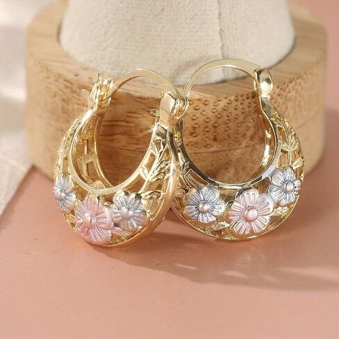 Vintage Flower Carved Golden Color Leaf Hoop Earrings, for Women Party Wedding Minimalist Trendy Everyday Ear Jewelry Statement Gift in Saudi Arabia