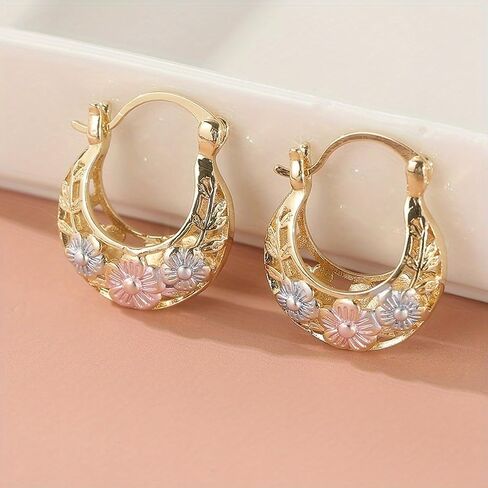 Vintage Flower Carved Golden Color Leaf Hoop Earrings, for Women Party Wedding Minimalist Trendy Everyday Ear Jewelry Statement Gift in Saudi Arabia