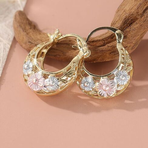 Vintage Flower Carved Golden Color Leaf Hoop Earrings, for Women Party Wedding Minimalist Trendy Everyday Ear Jewelry Statement Gift in Saudi Arabia