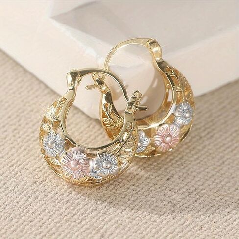 Vintage Flower Carved Golden Color Leaf Hoop Earrings, for Women Party Wedding Minimalist Trendy Everyday Ear Jewelry Statement Gift in Saudi Arabia