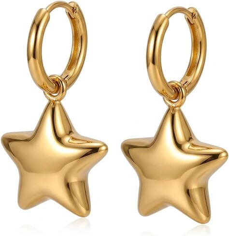 Star Dangle Hoop Earrings for Women - Celestial Drop Charms High Polish Jewelry, Elegant Jewelry Gift for Her, Birthday in Saudi Arabia