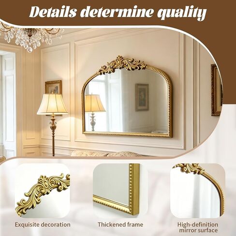 Arched Gold Vintage Mirror, French Baroque Antique Wall Mirror for Living Room Bedroom Bathroom, Decorative Large Mirror for Fireplace Entryway Hallway Vanity, Home Decor Gift for Homemakers,32x20In in Saudi Arabia
