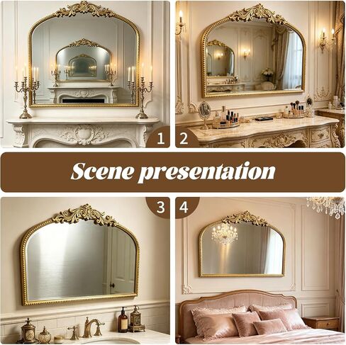 Arched Gold Vintage Mirror, French Baroque Antique Wall Mirror for Living Room Bedroom Bathroom, Decorative Large Mirror for Fireplace Entryway Hallway Vanity, Home Decor Gift for Homemakers,32x20In in Saudi Arabia