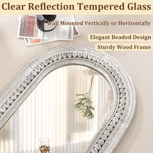 Wall Mirror Full Length with Beaded Framed Oval Rustic Wood Mirrors Decrorative Large 47"x16" for Bedroom Bathroom Living Room Entryway Dressing Room White in Kuwait
