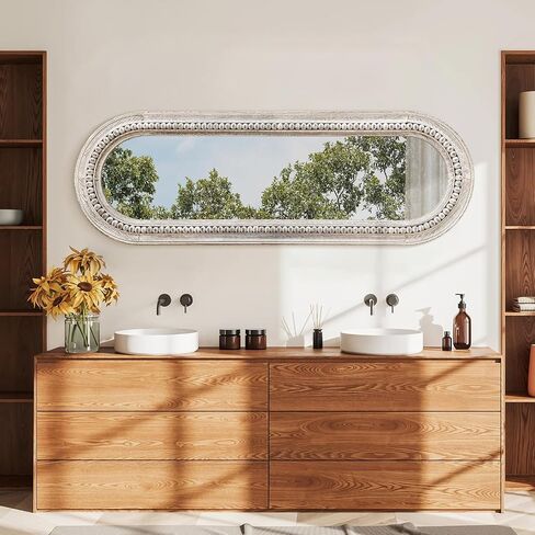 Wall Mirror Full Length with Beaded Framed Oval Rustic Wood Mirrors Decrorative Large 47"x16" for Bedroom Bathroom Living Room Entryway Dressing Room White in Kuwait