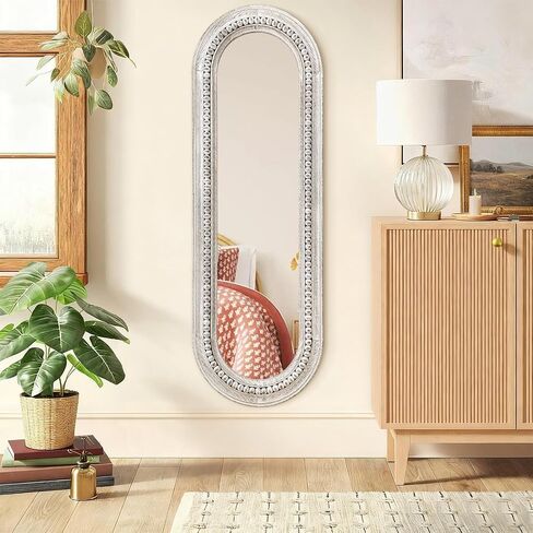 Wall Mirror Full Length with Beaded Framed Oval Rustic Wood Mirrors Decrorative Large 47"x16" for Bedroom Bathroom Living Room Entryway Dressing Room White in Kuwait
