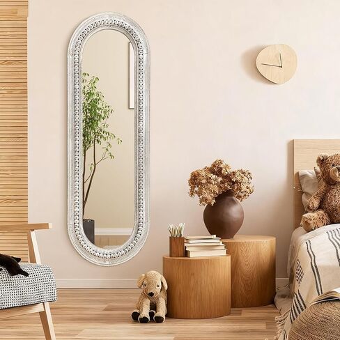 Wall Mirror Full Length with Beaded Framed Oval Rustic Wood Mirrors Decrorative Large 47"x16" for Bedroom Bathroom Living Room Entryway Dressing Room White in Kuwait