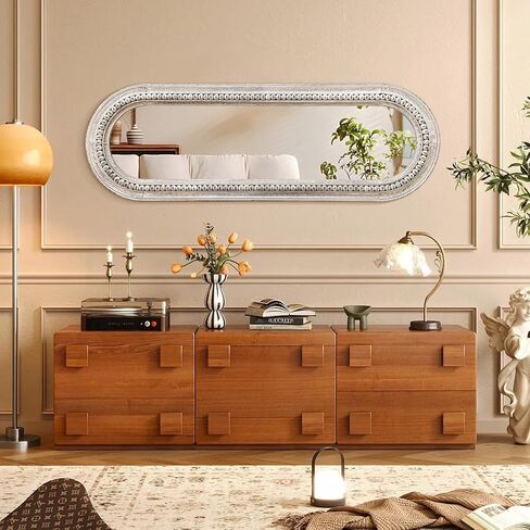 Wall Mirror Full Length with Beaded Framed Oval Rustic Wood Mirrors Decrorative Large 47"x16" for Bedroom Bathroom Living Room Entryway Dressing Room White in Kuwait