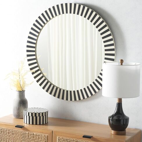 SAFAVIEH Home Collection Charli Black & Ivory Stripe Border 29-inch Round Mirror in Kuwait