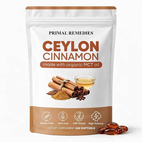 Primal Remedies Ceylon Cinnamon - 300 Softgels with MCT Oil, Highly Bioavailable, Non-GMO, Gluten Free, Vegan Capsules for Metabolism Support in Saudi Arabia