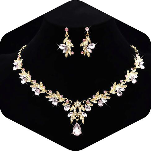 Rhinestone Bridal Wedding Jewelry Sets Gold Necklace Earrings Set Leaf Prom Formal Costume Jewelry Set for Women and Brides in Saudi Arabia